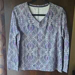 Croft & Barrow Purple Paisley Long Sleeve V-Neck Top